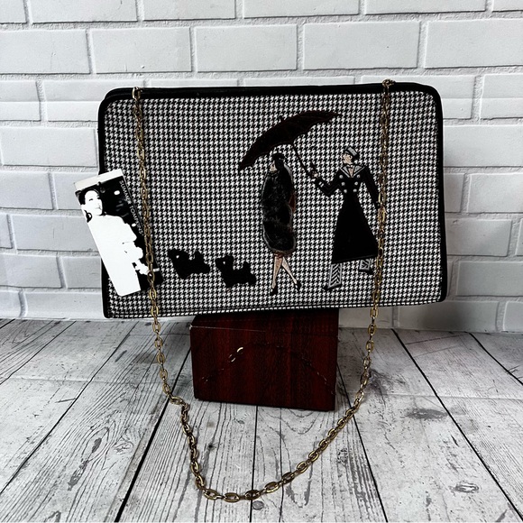 Houndstooth Bag Brown SUMMER TOMPKINS Purse Retro Art Vintage Dog Umbrella NWT - Picture 1 of 16